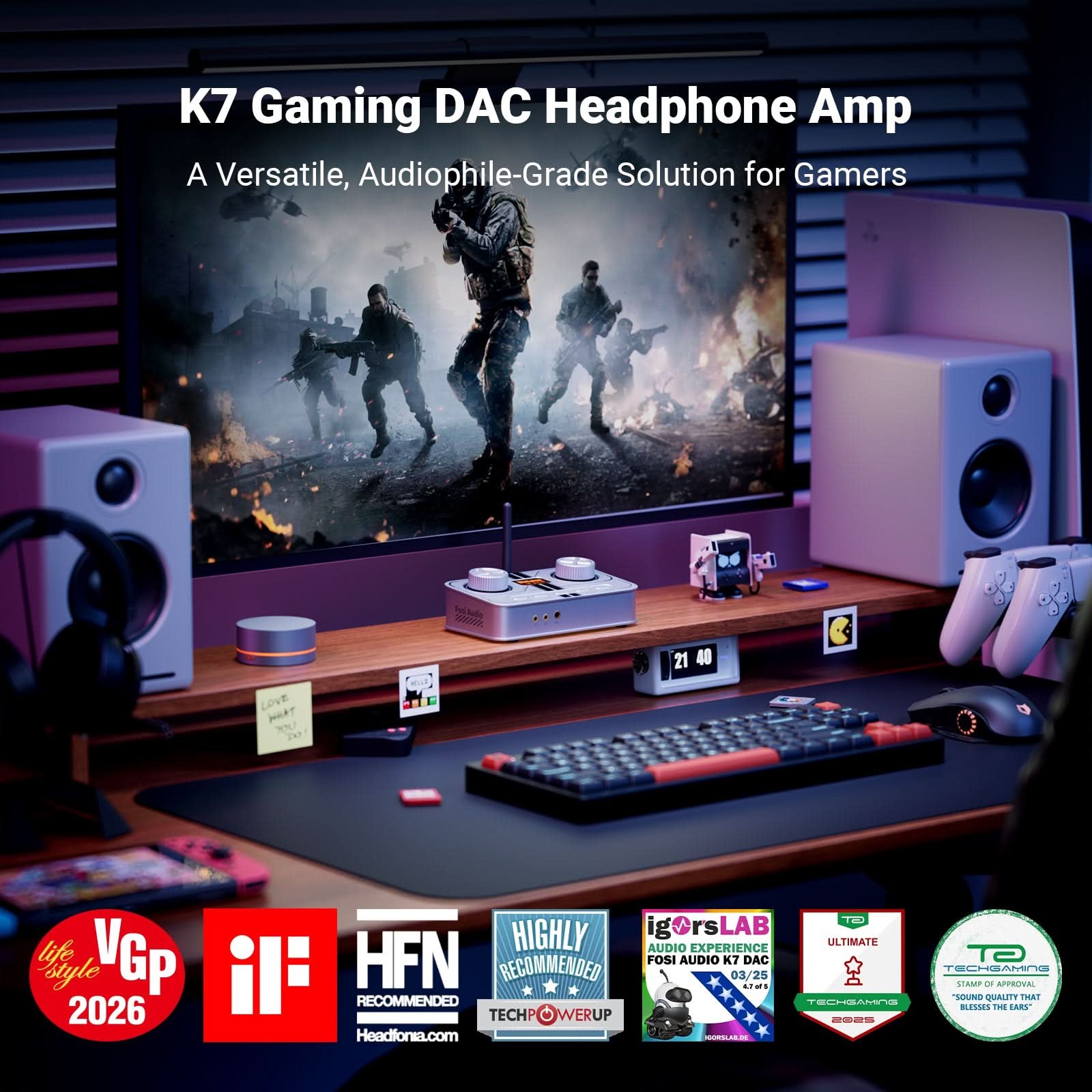 Fosi Audio K7 Gaming DAC/Headphone Amp, Black gallery 1